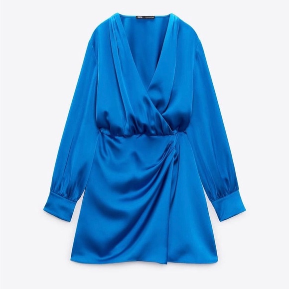 Zara Dress blue long sleeve draped wrapped mini party cocktail wedding - Picture 7 of 7